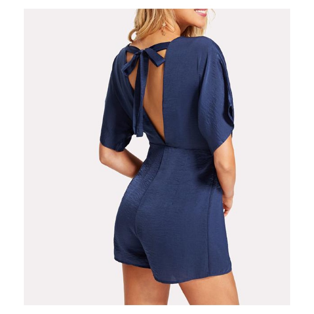 Navy Blue V Neck Short Sleeve Satin Romper - Picture 5 of 5
